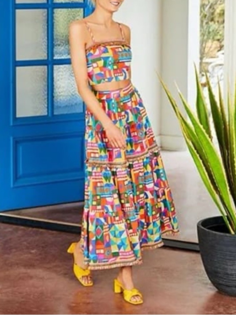 NWT ΑΝΤΟΝΙΟ MELANI Giuliana Geometric Fringe Hem Cotton A- Line Skirt and Top - Picture 4 of 8